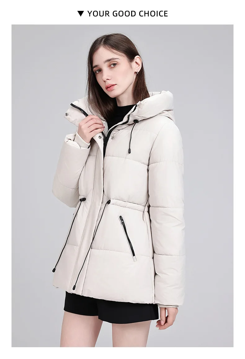Hooded Mid Length Puffer Coat Women Drawstring Waist Zip Snap Closure Zipper Pockets Loose Fit Winter Parkas Outerwear Trendy