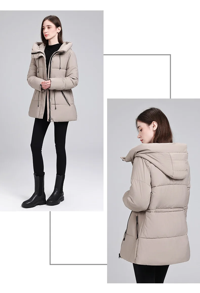 Hooded Mid Length Puffer Coat Women Drawstring Waist Zip Snap Closure Zipper Pockets Loose Fit Winter Parkas Outerwear Trendy