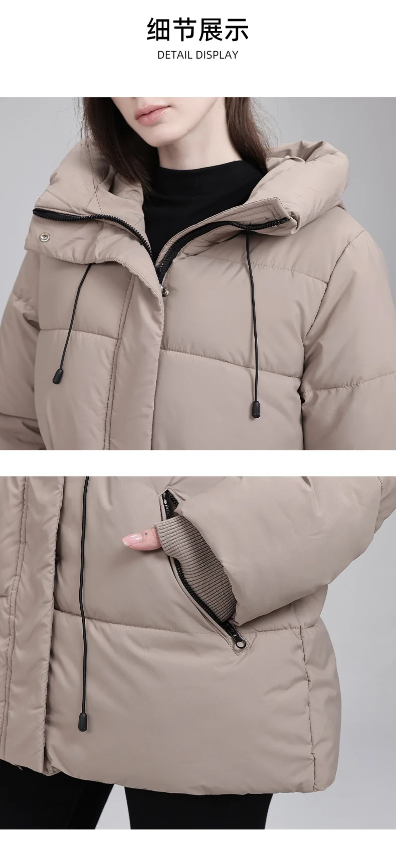 Hooded Mid Length Puffer Coat Women Drawstring Waist Zip Snap Closure Zipper Pockets Loose Fit Winter Parkas Outerwear Trendy