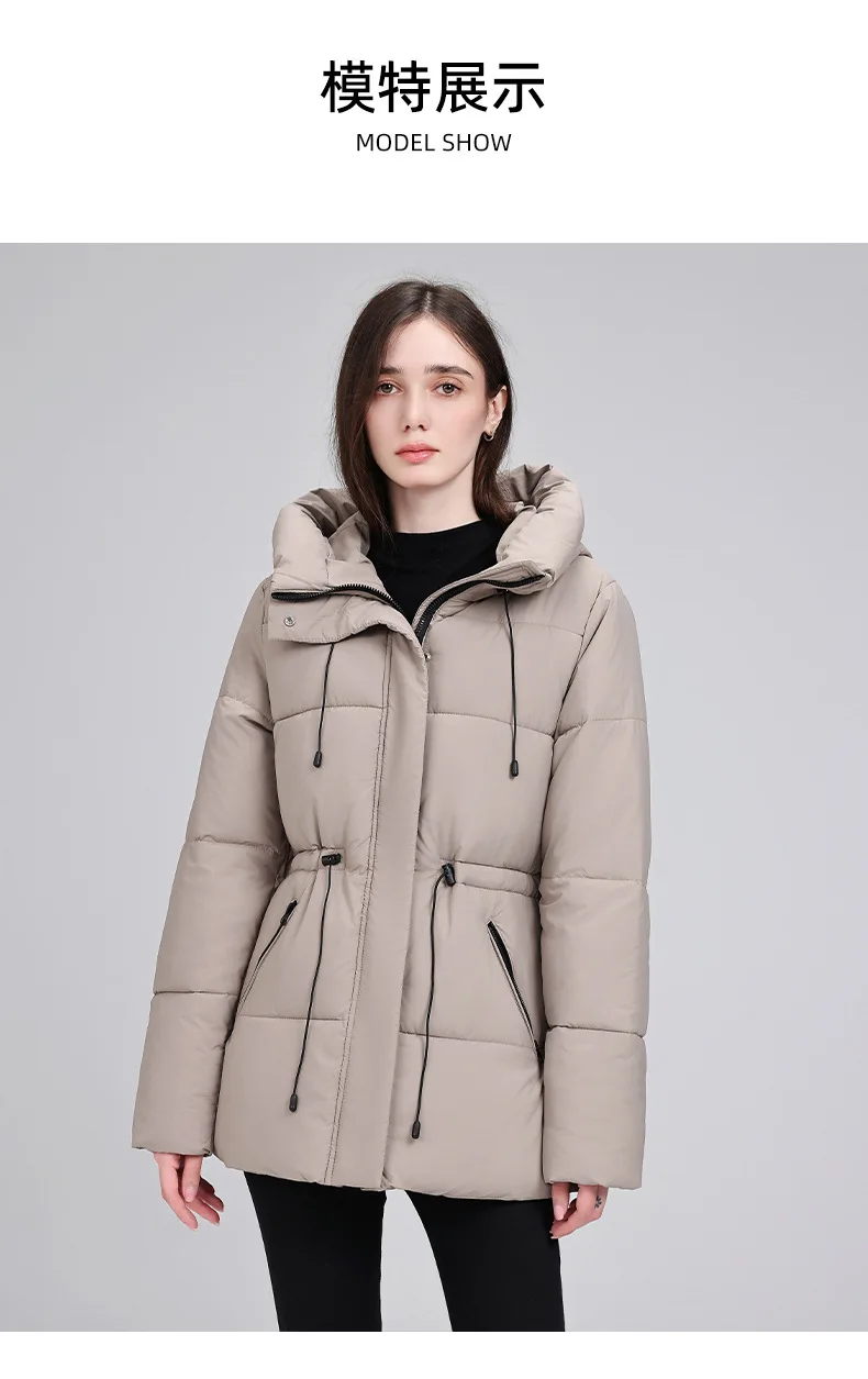 Hooded Mid Length Puffer Coat Women Drawstring Waist Zip Snap Closure Zipper Pockets Loose Fit Winter Parkas Outerwear Trendy