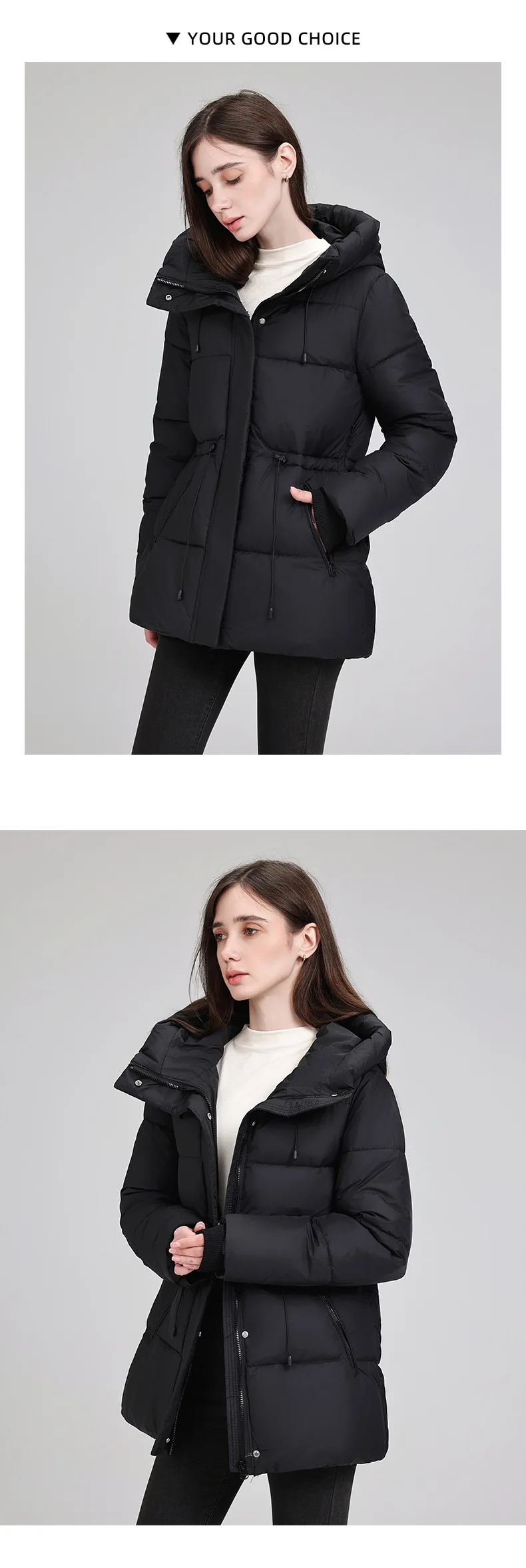 Hooded Mid Length Puffer Coat Women Drawstring Waist Zip Snap Closure Zipper Pockets Loose Fit Winter Parkas Outerwear Trendy