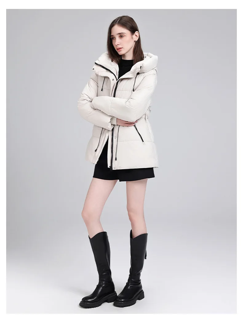 Hooded Mid Length Puffer Coat Women Drawstring Waist Zip Snap Closure Zipper Pockets Loose Fit Winter Parkas Outerwear Trendy