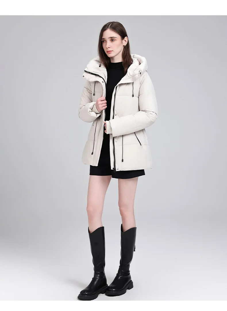 Hooded Mid Length Puffer Coat Women Drawstring Waist Zip Snap Closure Zipper Pockets Loose Fit Winter Parkas Outerwear Trendy