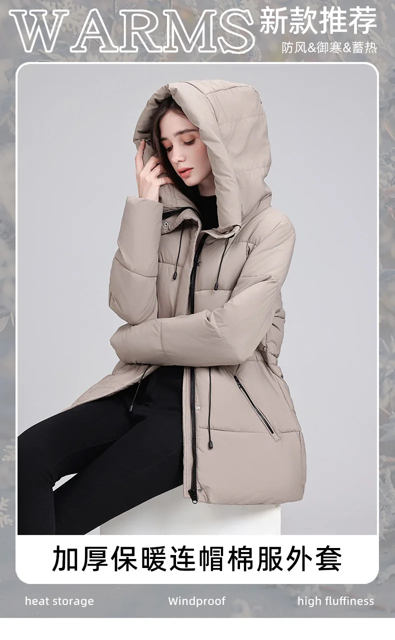 Hooded Mid Length Puffer Coat Women Drawstring Waist Zip Snap Closure Zipper Pockets Loose Fit Winter Parkas Outerwear Trendy