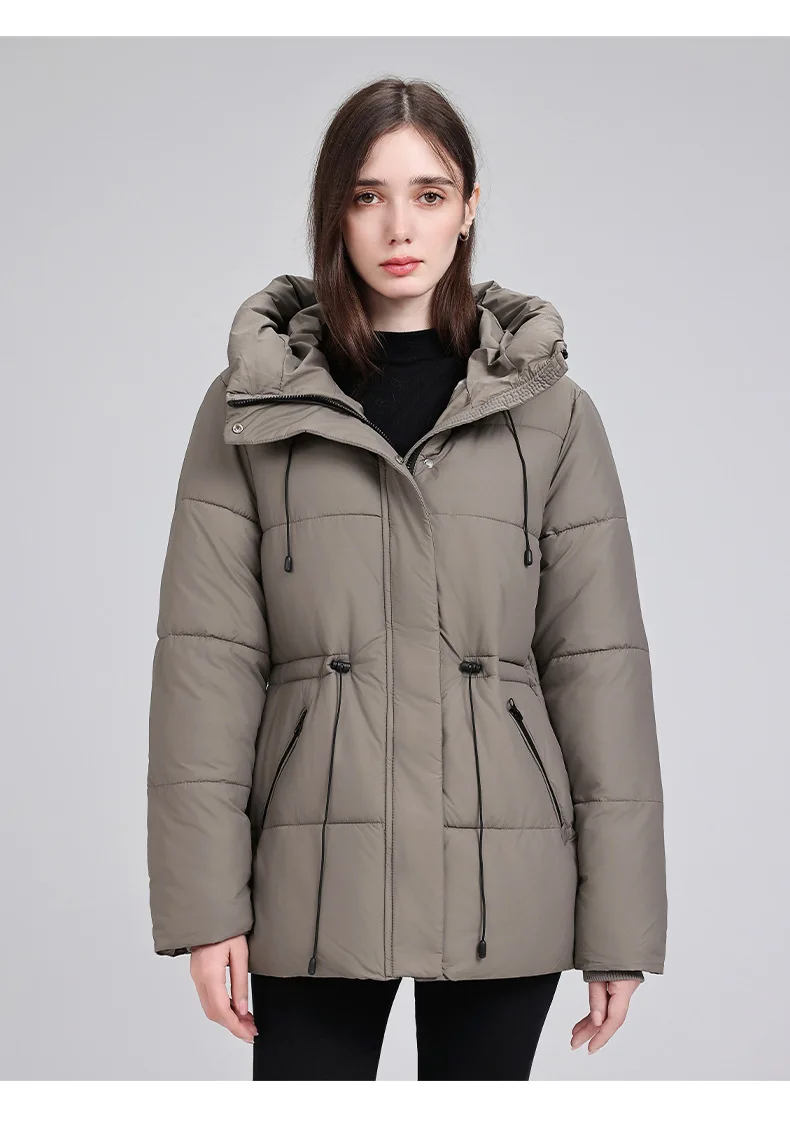 Hooded Mid Length Puffer Coat Women Drawstring Waist Zip Snap Closure Zipper Pockets Loose Fit Winter Parkas Outerwear Trendy