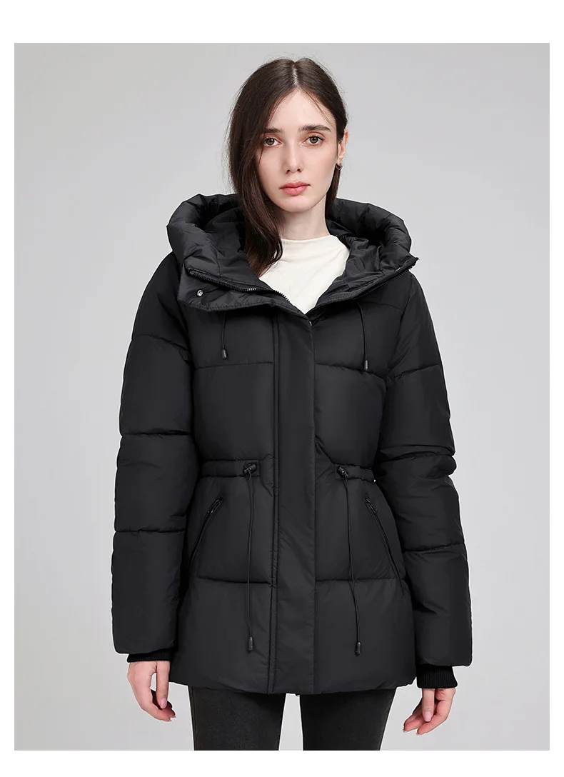 Hooded Mid Length Puffer Coat Women Drawstring Waist Zip Snap Closure Zipper Pockets Loose Fit Winter Parkas Outerwear Trendy