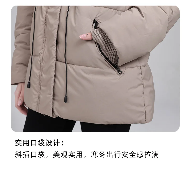 Hooded Mid Length Puffer Coat Women Drawstring Waist Zip Snap Closure Zipper Pockets Loose Fit Winter Parkas Outerwear Trendy