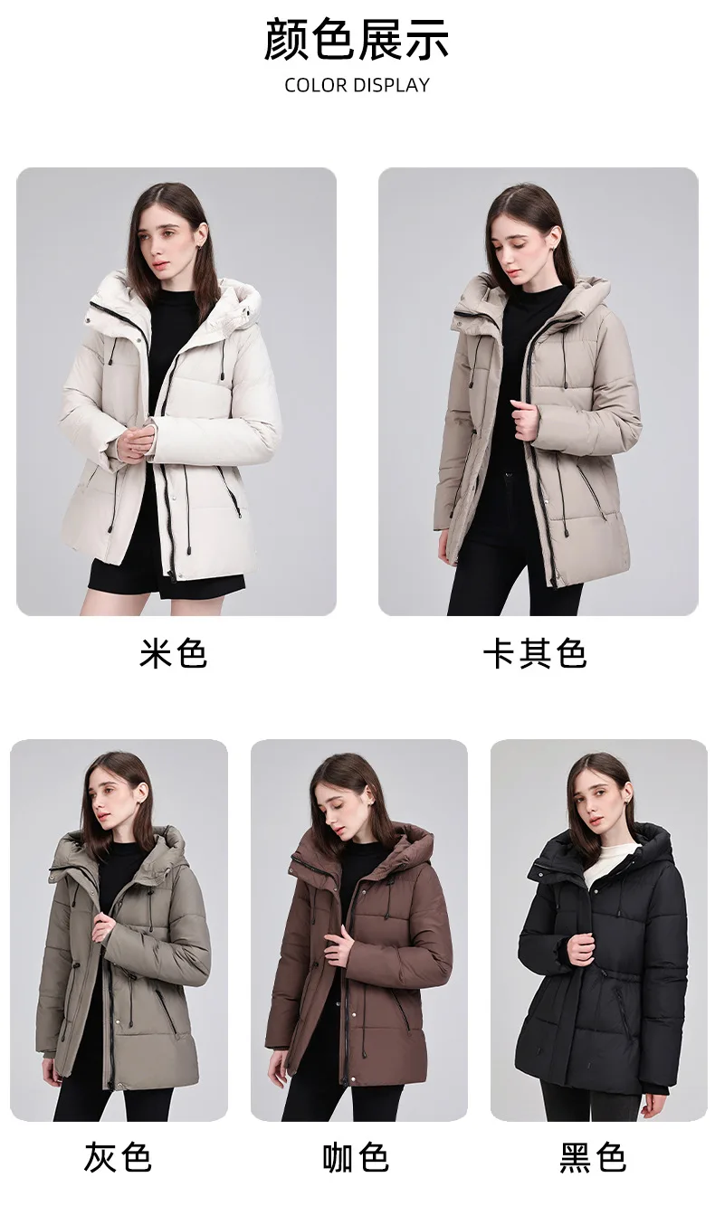 Hooded Mid Length Puffer Coat Women Drawstring Waist Zip Snap Closure Zipper Pockets Loose Fit Winter Parkas Outerwear Trendy