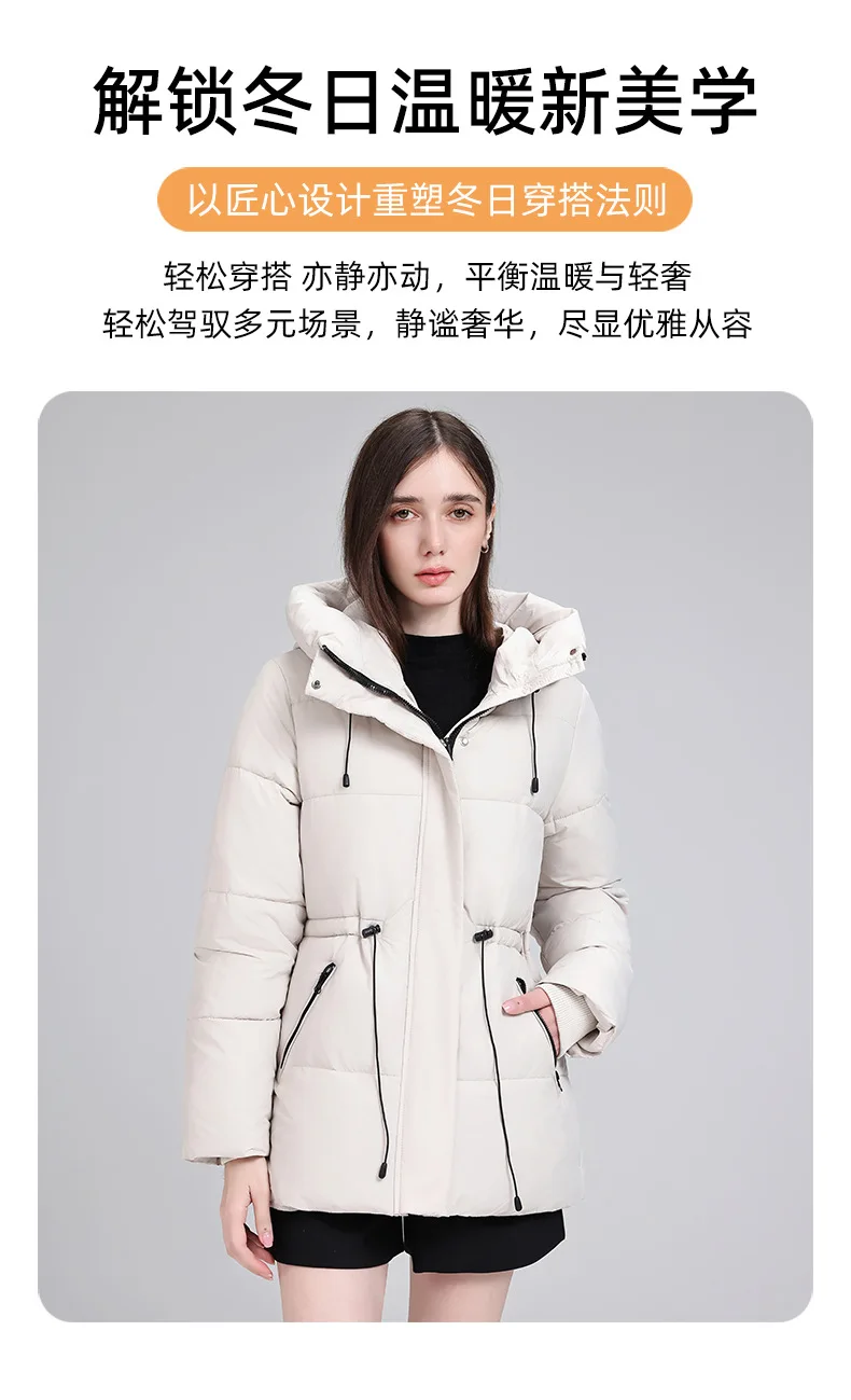 Hooded Mid Length Puffer Coat Women Drawstring Waist Zip Snap Closure Zipper Pockets Loose Fit Winter Parkas Outerwear Trendy