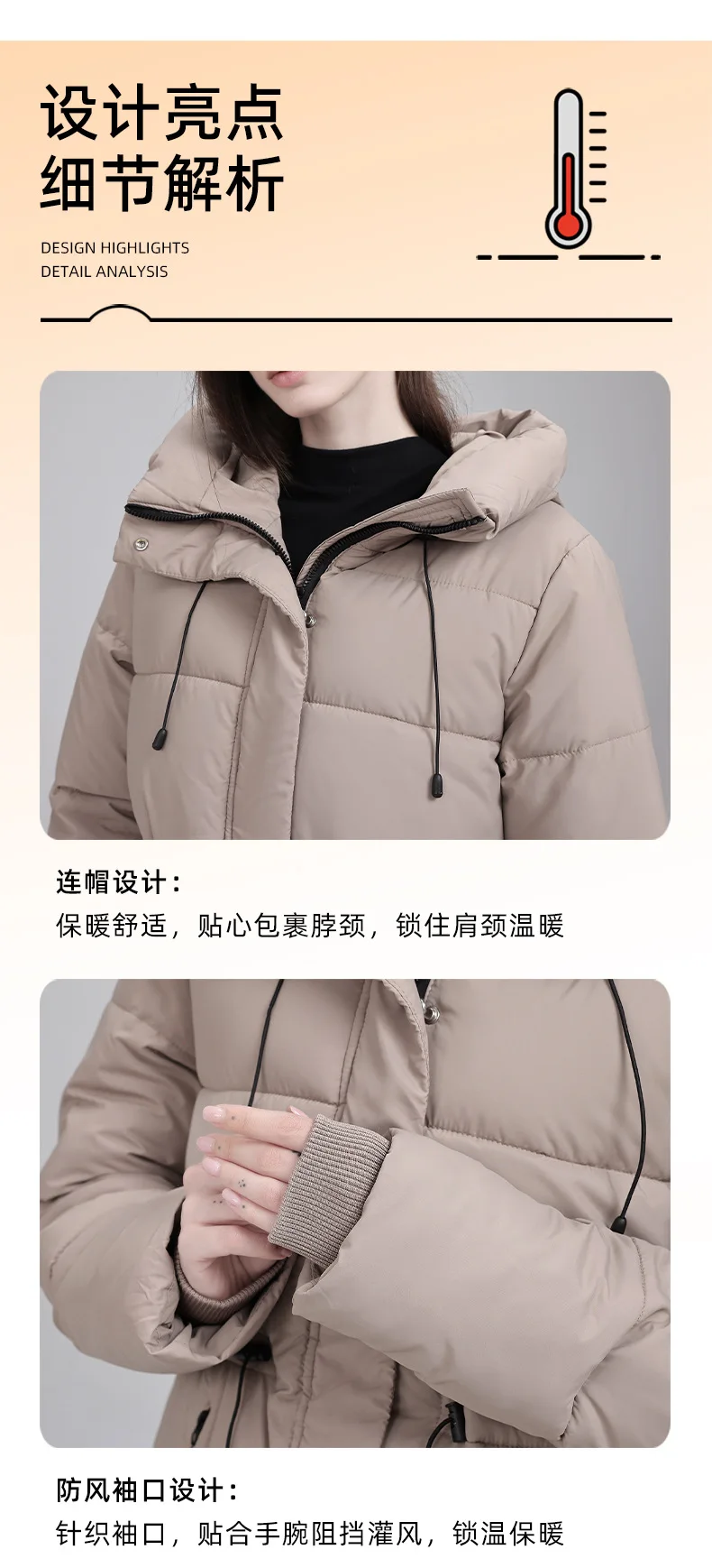 Hooded Mid Length Puffer Coat Women Drawstring Waist Zip Snap Closure Zipper Pockets Loose Fit Winter Parkas Outerwear Trendy