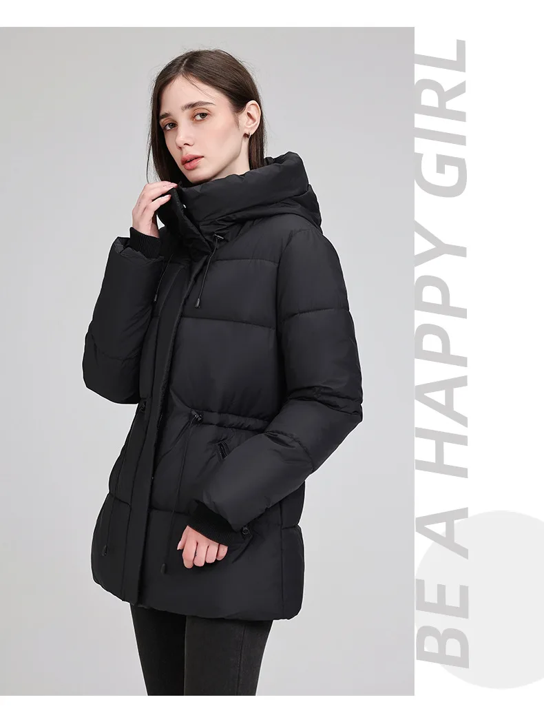 Hooded Mid Length Puffer Coat Women Drawstring Waist Zip Snap Closure Zipper Pockets Loose Fit Winter Parkas Outerwear Trendy