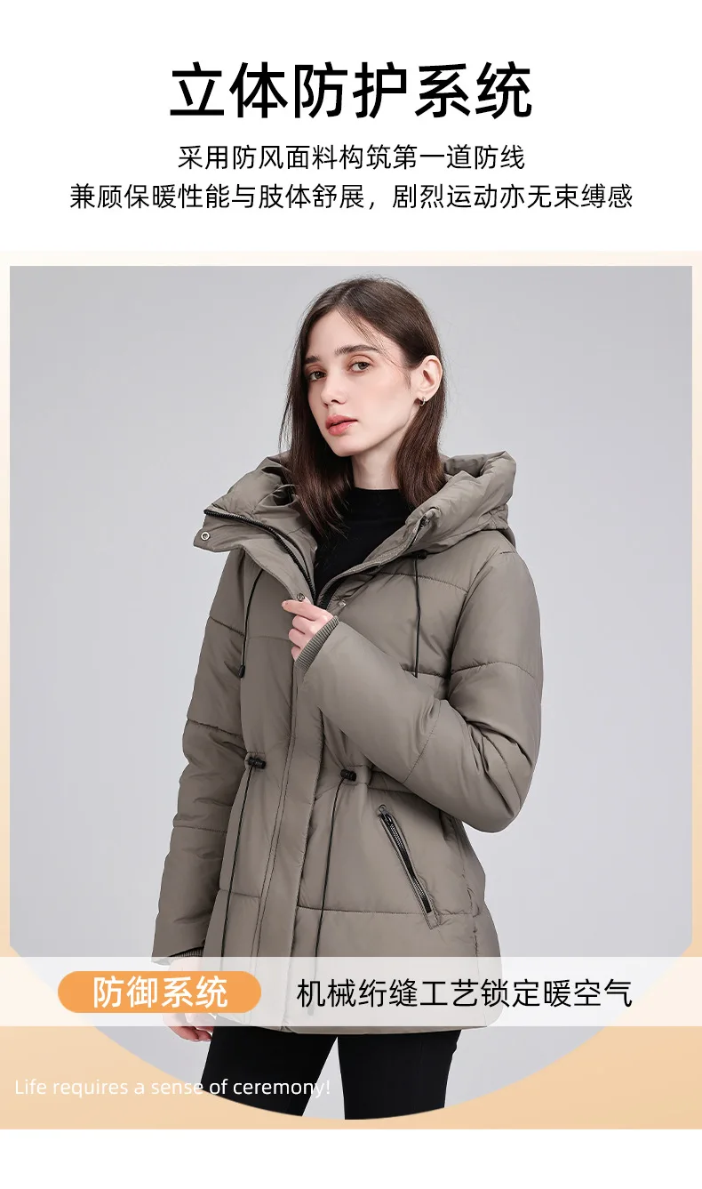Hooded Mid Length Puffer Coat Women Drawstring Waist Zip Snap Closure Zipper Pockets Loose Fit Winter Parkas Outerwear Trendy