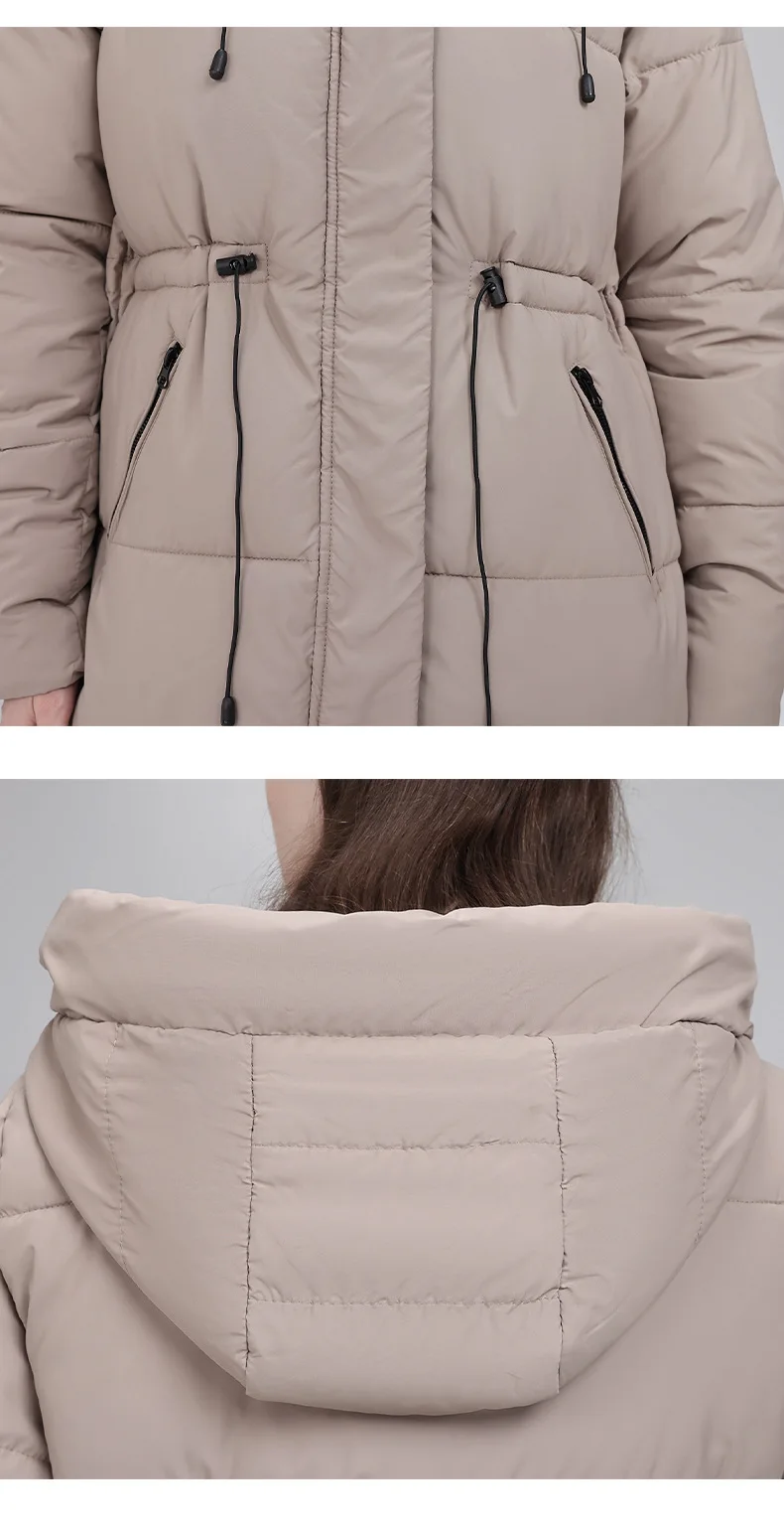 Hooded Mid Length Puffer Coat Women Drawstring Waist Zip Snap Closure Zipper Pockets Loose Fit Winter Parkas Outerwear Trendy