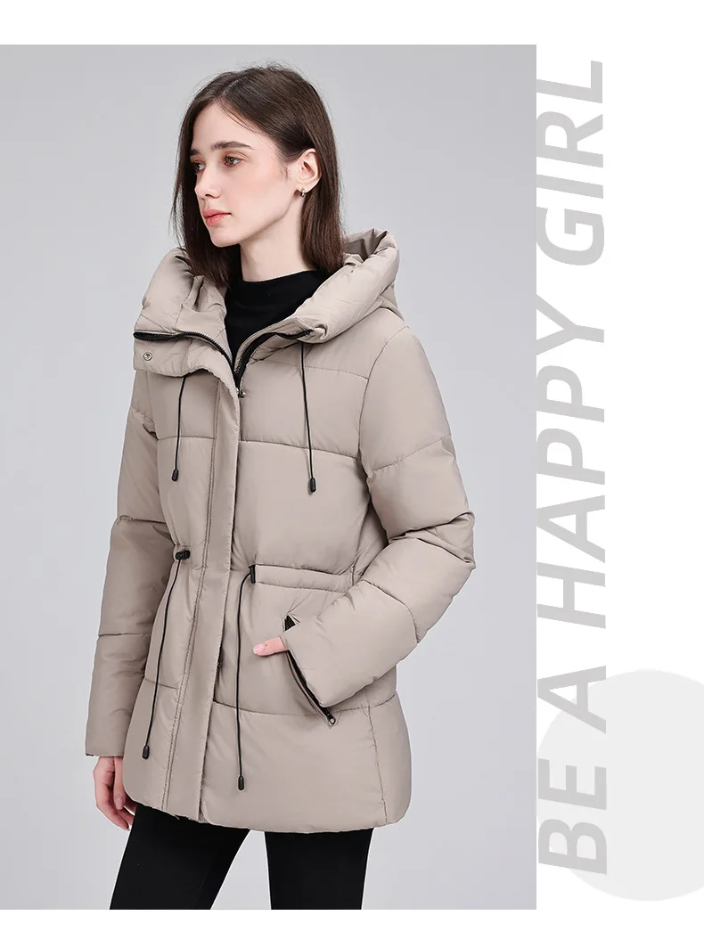 Hooded Mid Length Puffer Coat Women Drawstring Waist Zip Snap Closure Zipper Pockets Loose Fit Winter Parkas Outerwear Trendy