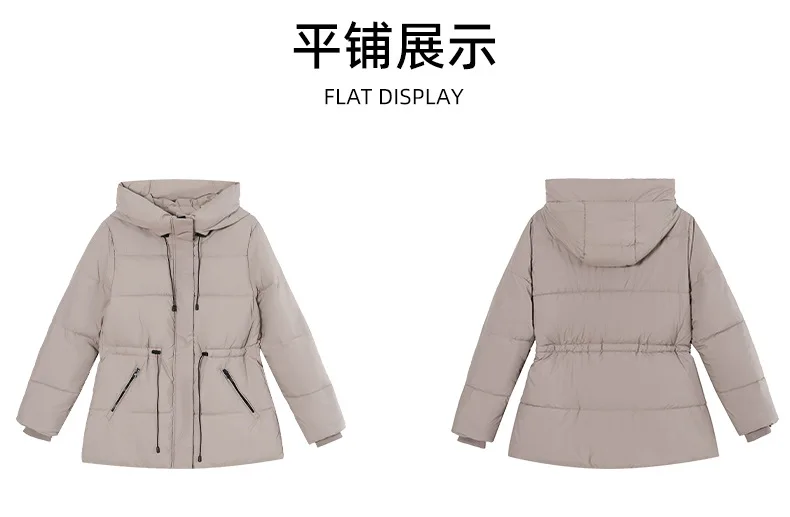 Hooded Mid Length Puffer Coat Women Drawstring Waist Zip Snap Closure Zipper Pockets Loose Fit Winter Parkas Outerwear Trendy