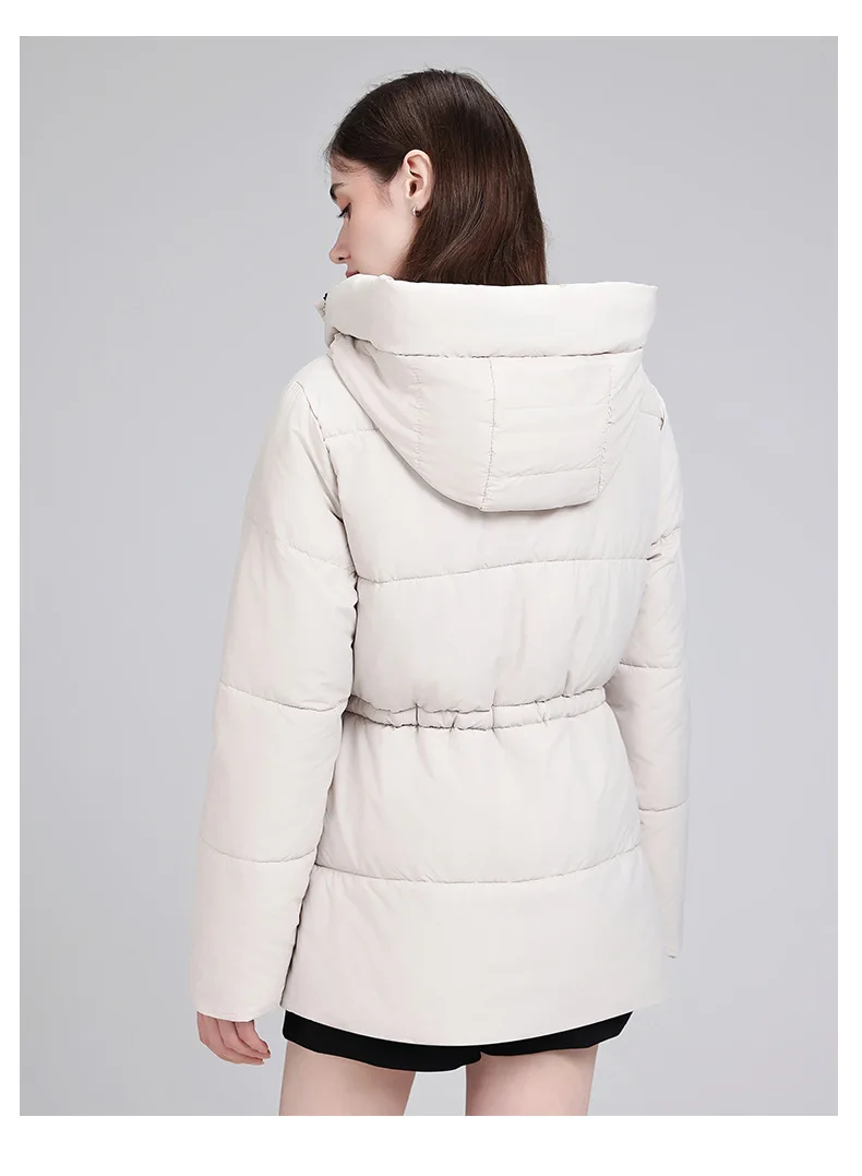 Hooded Mid Length Puffer Coat Women Drawstring Waist Zip Snap Closure Zipper Pockets Loose Fit Winter Parkas Outerwear Trendy