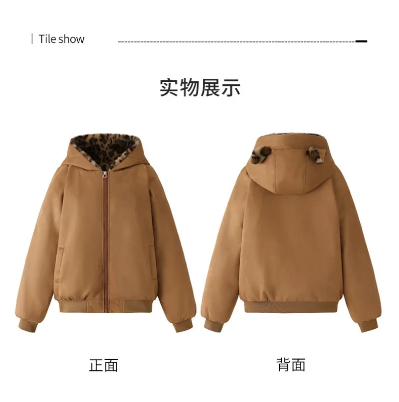 Winter Women Parkas Suede Leopard Print Cotton Padded Jacket New Thick Warm Hooded Cotton Clothes Female Outerwear Student Coat