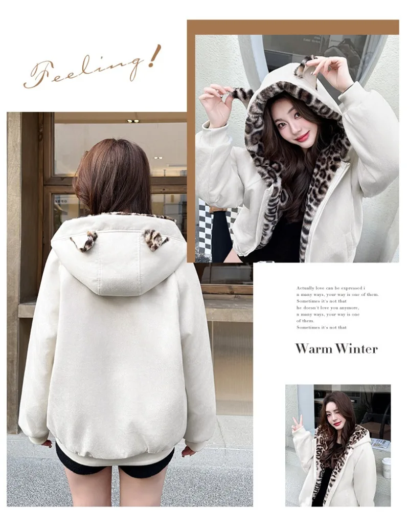 Winter Women Parkas Suede Leopard Print Cotton Padded Jacket New Thick Warm Hooded Cotton Clothes Female Outerwear Student Coat