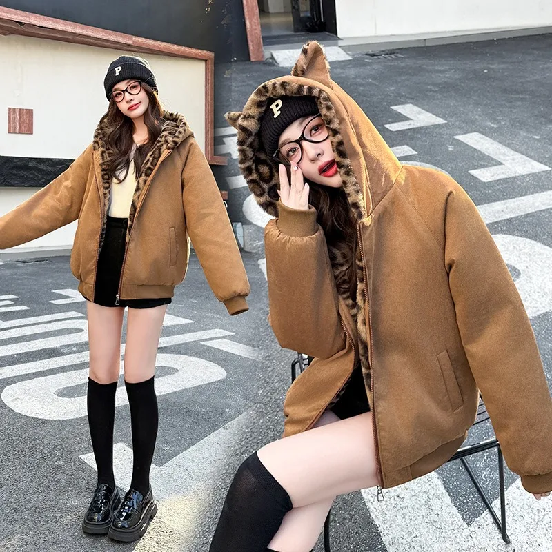 Winter Women Parkas Suede Leopard Print Cotton Padded Jacket New Thick Warm Hooded Cotton Clothes Female Outerwear Student Coat