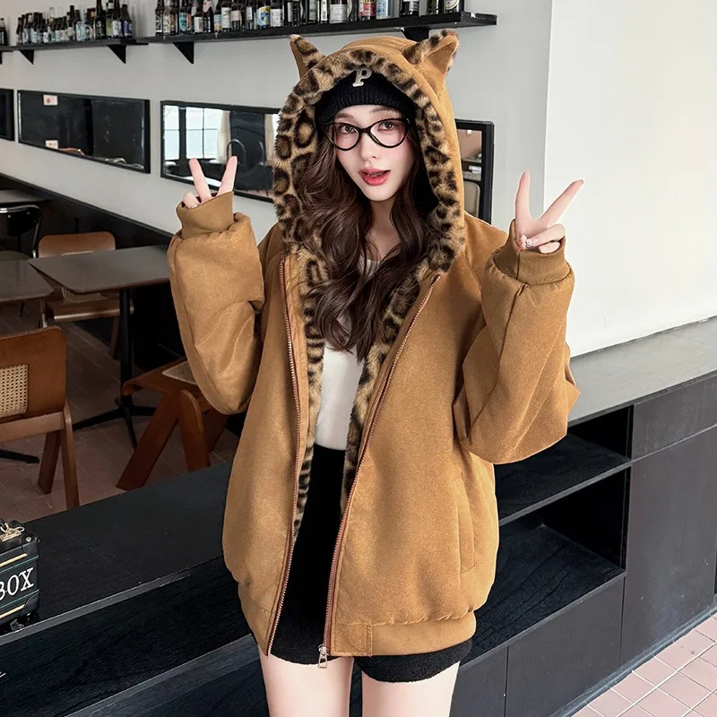 Winter Women Parkas Suede Leopard Print Cotton Padded Jacket New Thick Warm Hooded Cotton Clothes Female Outerwear Student Coat