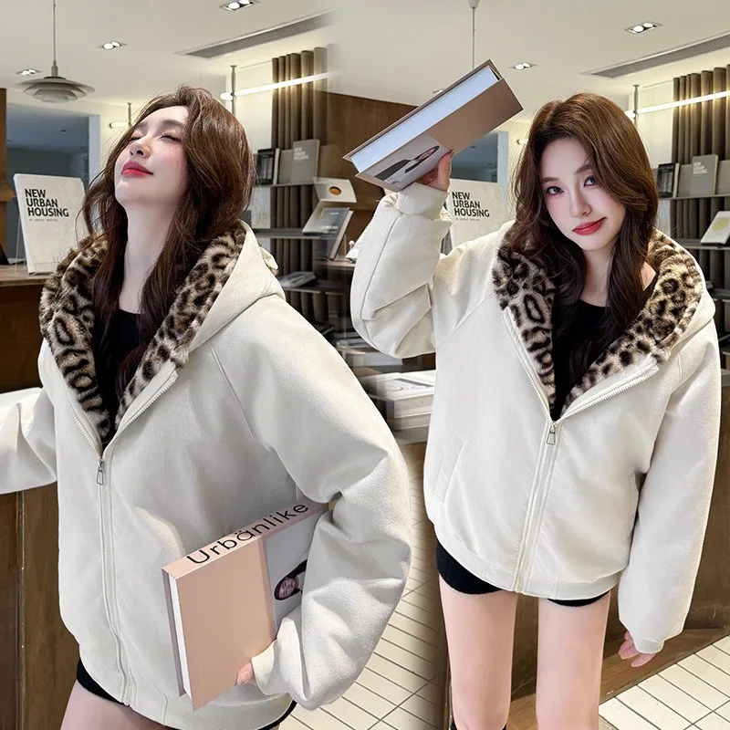 Winter Women Parkas Suede Leopard Print Cotton Padded Jacket New Thick Warm Hooded Cotton Clothes Female Outerwear Student Coat