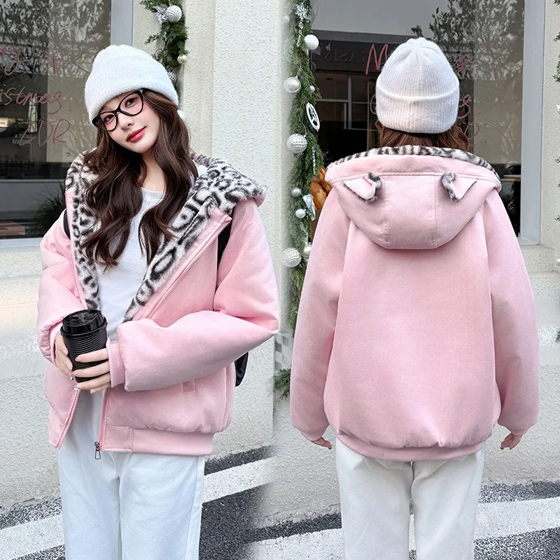 Winter Women Parkas Suede Leopard Print Cotton Padded Jacket New Thick Warm Hooded Cotton Clothes Female Outerwear Student Coat