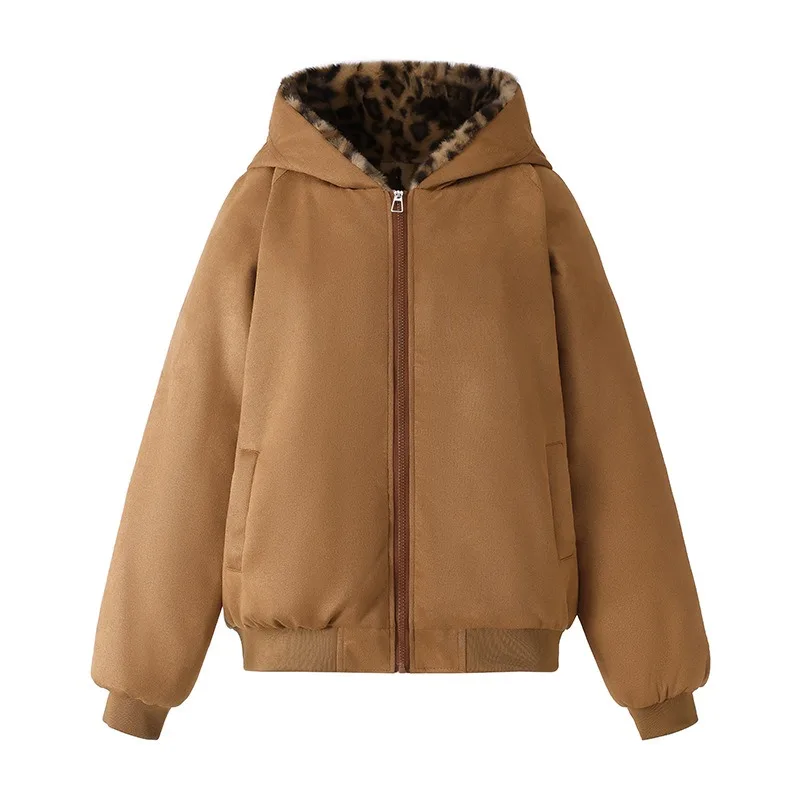 Winter Women Parkas Suede Leopard Print Cotton Padded Jacket New Thick Warm Hooded Cotton Clothes Female Outerwear Student Coat