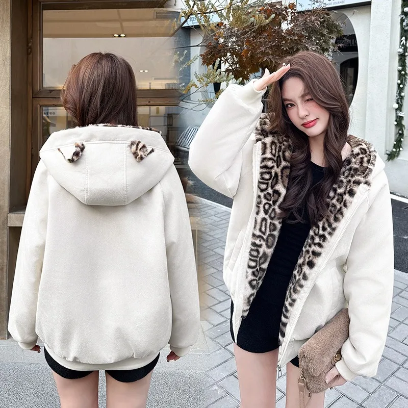 Winter Women Parkas Suede Leopard Print Cotton Padded Jacket New Thick Warm Hooded Cotton Clothes Female Outerwear Student Coat