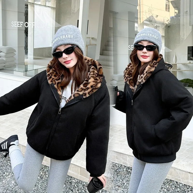 Winter Women Parkas Suede Leopard Print Cotton Padded Jacket New Thick Warm Hooded Cotton Clothes Female Outerwear Student Coat