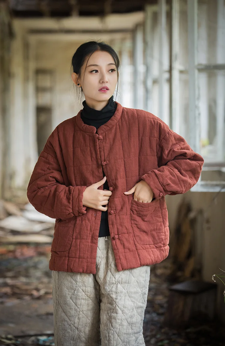 Johnature Women 2025 Winter New Ramie Cotton Parkas Stand Long Sleeve Plus Cotton Coats Warm Pockets Button Women Parkas