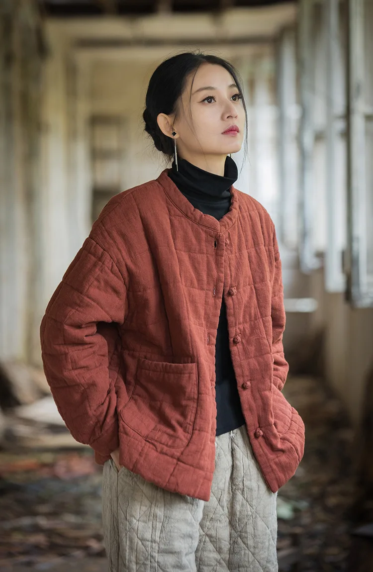 Johnature Women 2025 Winter New Ramie Cotton Parkas Stand Long Sleeve Plus Cotton Coats Warm Pockets Button Women Parkas