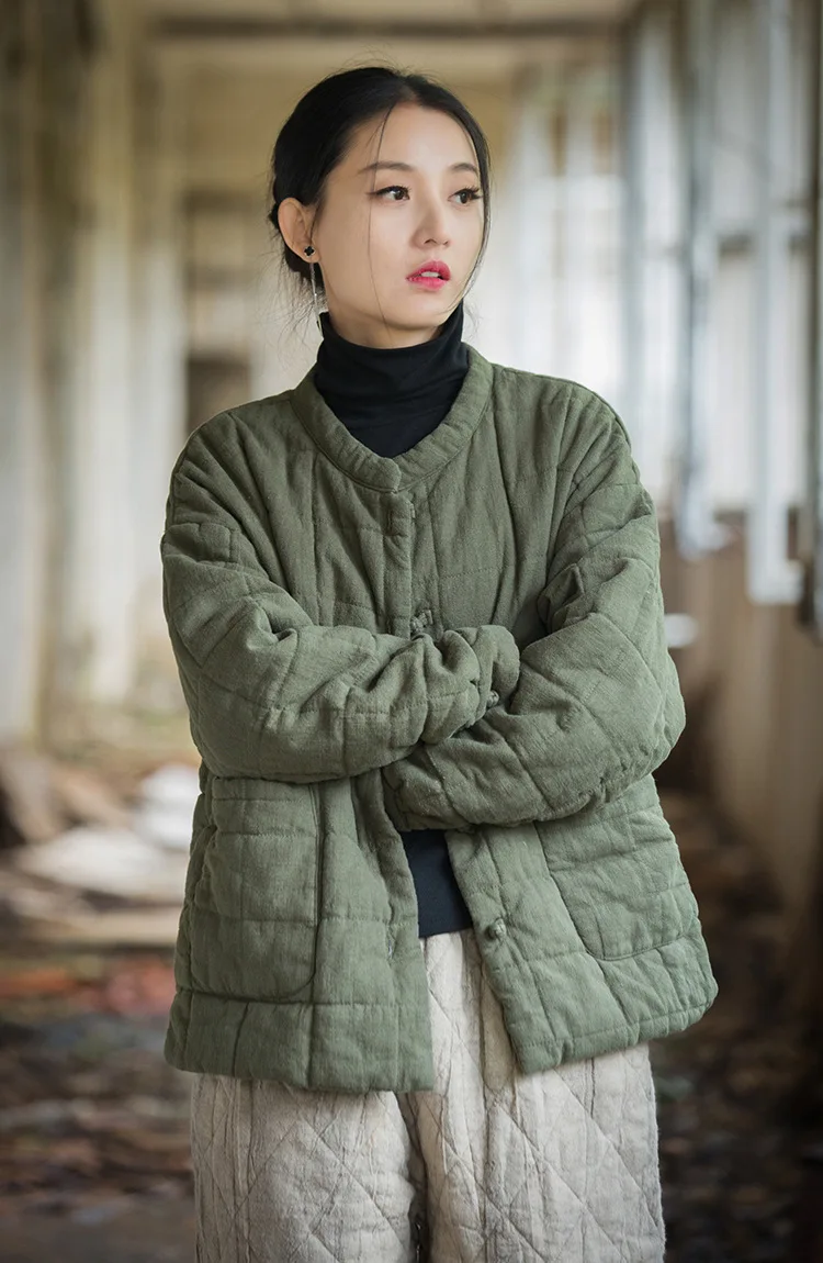 Johnature Women 2025 Winter New Ramie Cotton Parkas Stand Long Sleeve Plus Cotton Coats Warm Pockets Button Women Parkas