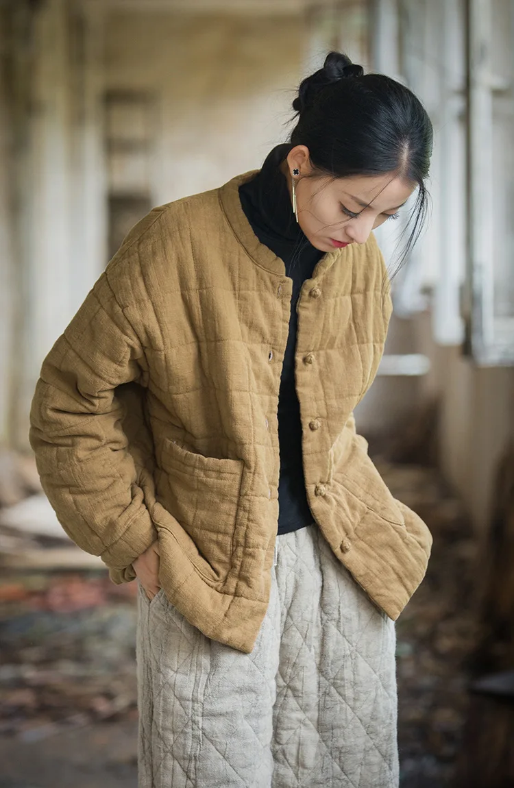 Johnature Women 2025 Winter New Ramie Cotton Parkas Stand Long Sleeve Plus Cotton Coats Warm Pockets Button Women Parkas