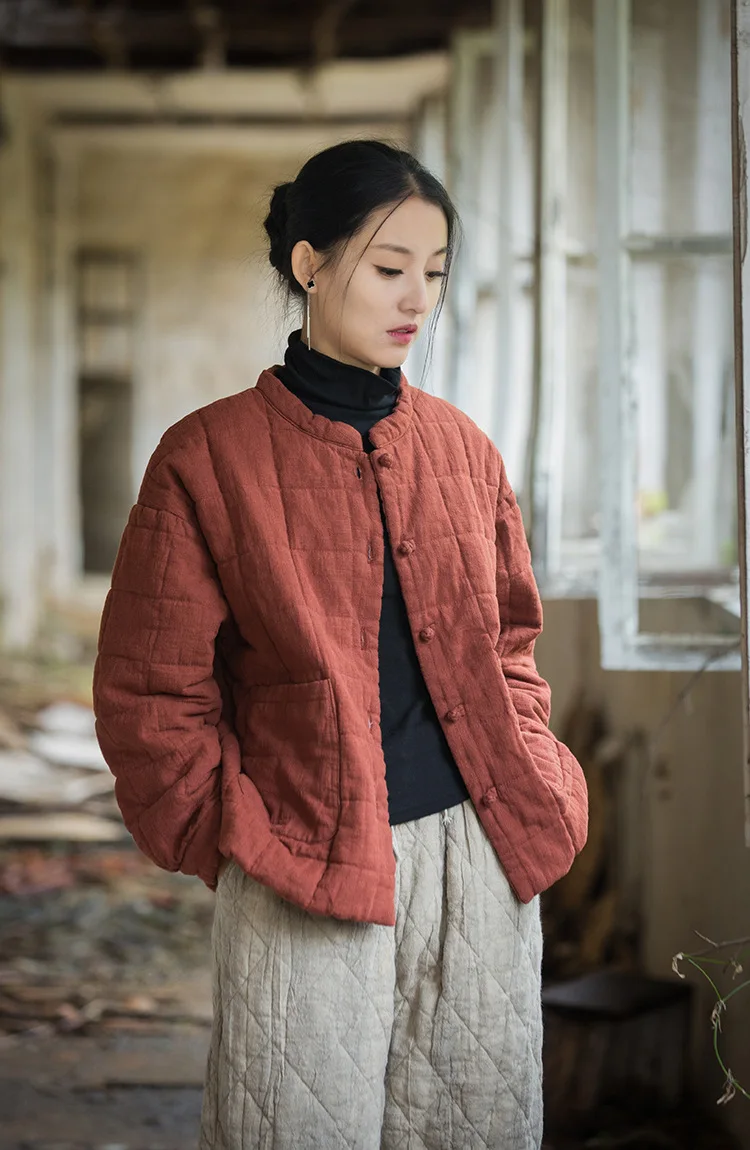 Johnature Women 2025 Winter New Ramie Cotton Parkas Stand Long Sleeve Plus Cotton Coats Warm Pockets Button Women Parkas