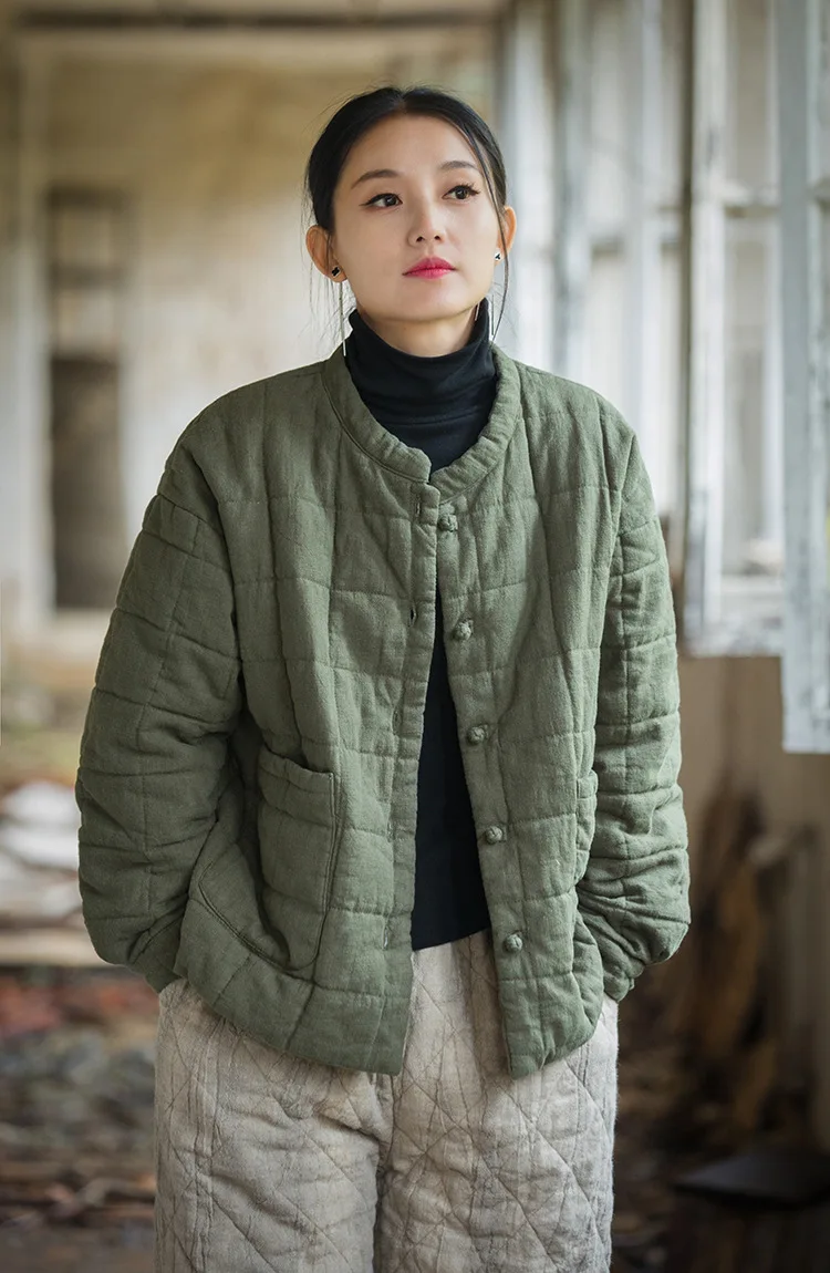 Johnature Women 2025 Winter New Ramie Cotton Parkas Stand Long Sleeve Plus Cotton Coats Warm Pockets Button Women Parkas