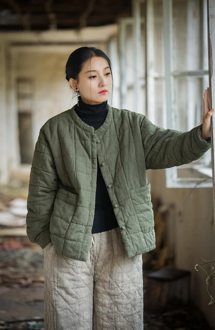 Johnature Women 2025 Winter New Ramie Cotton Parkas Stand Long Sleeve Plus Cotton Coats Warm Pockets Button Women Parkas