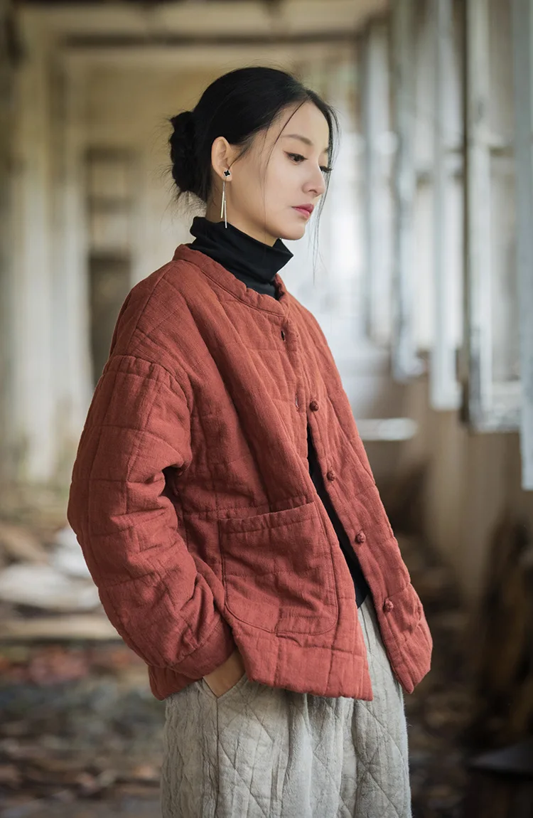 Johnature Women 2025 Winter New Ramie Cotton Parkas Stand Long Sleeve Plus Cotton Coats Warm Pockets Button Women Parkas