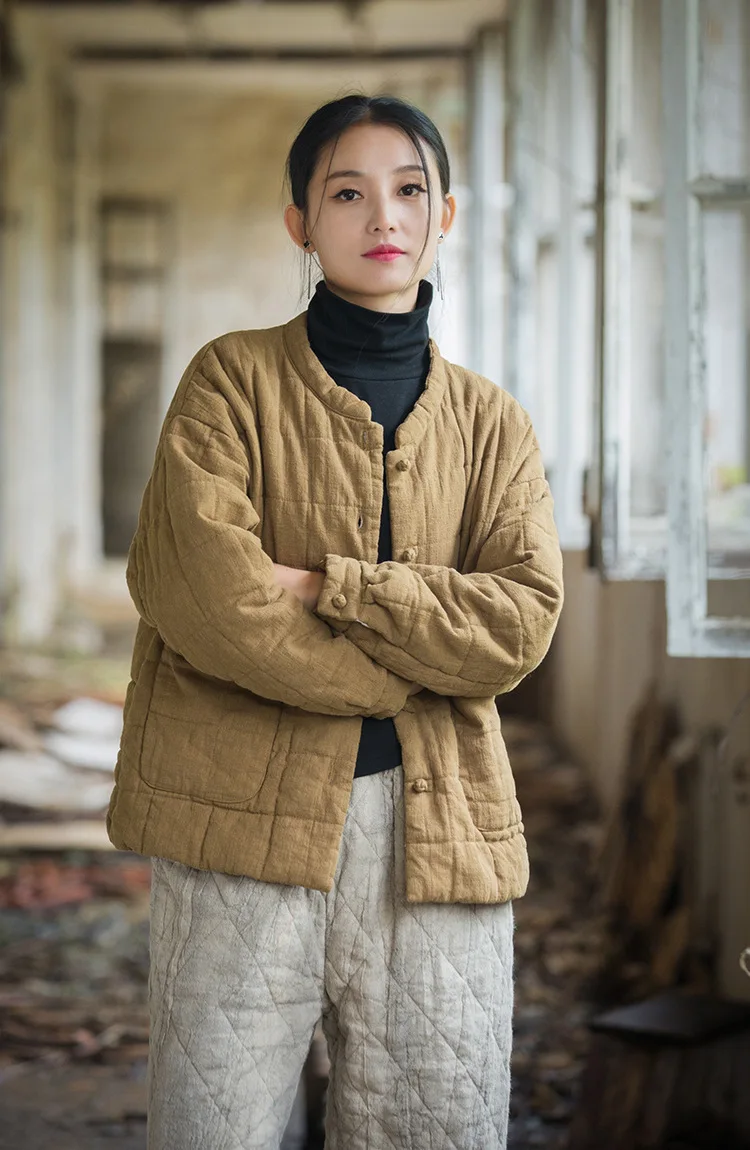 Johnature Women 2025 Winter New Ramie Cotton Parkas Stand Long Sleeve Plus Cotton Coats Warm Pockets Button Women Parkas