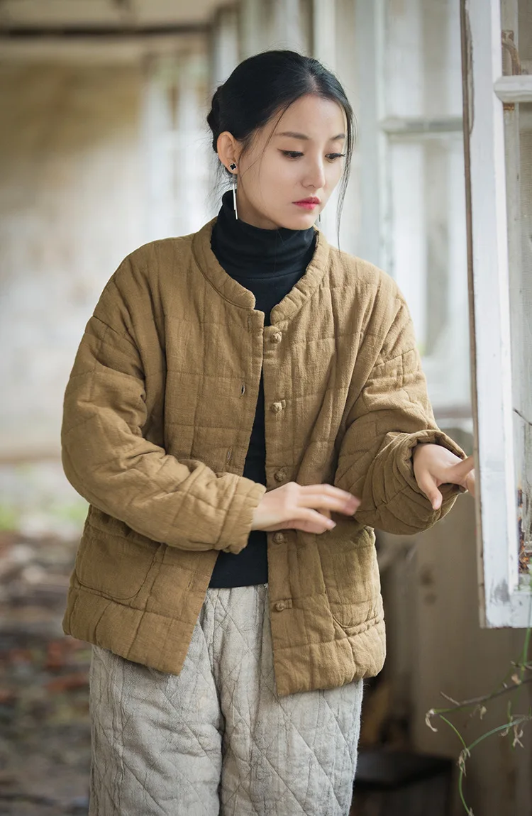 Johnature Women 2025 Winter New Ramie Cotton Parkas Stand Long Sleeve Plus Cotton Coats Warm Pockets Button Women Parkas