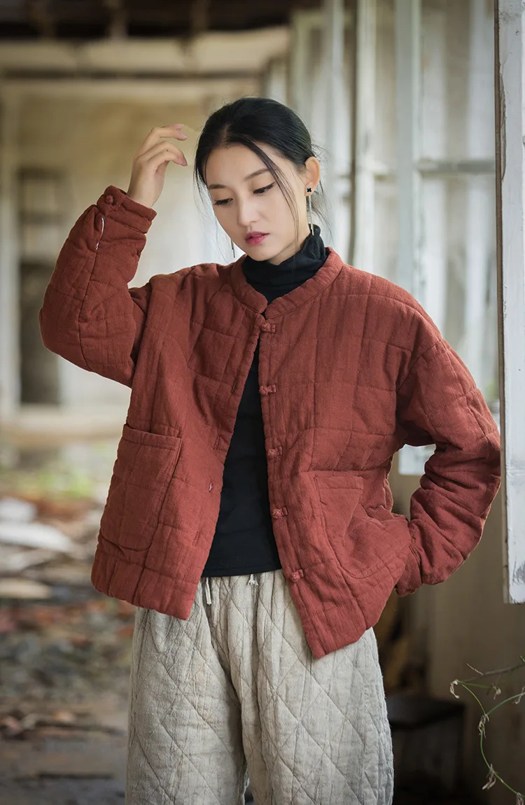 Johnature Women 2025 Winter New Ramie Cotton Parkas Stand Long Sleeve Plus Cotton Coats Warm Pockets Button Women Parkas