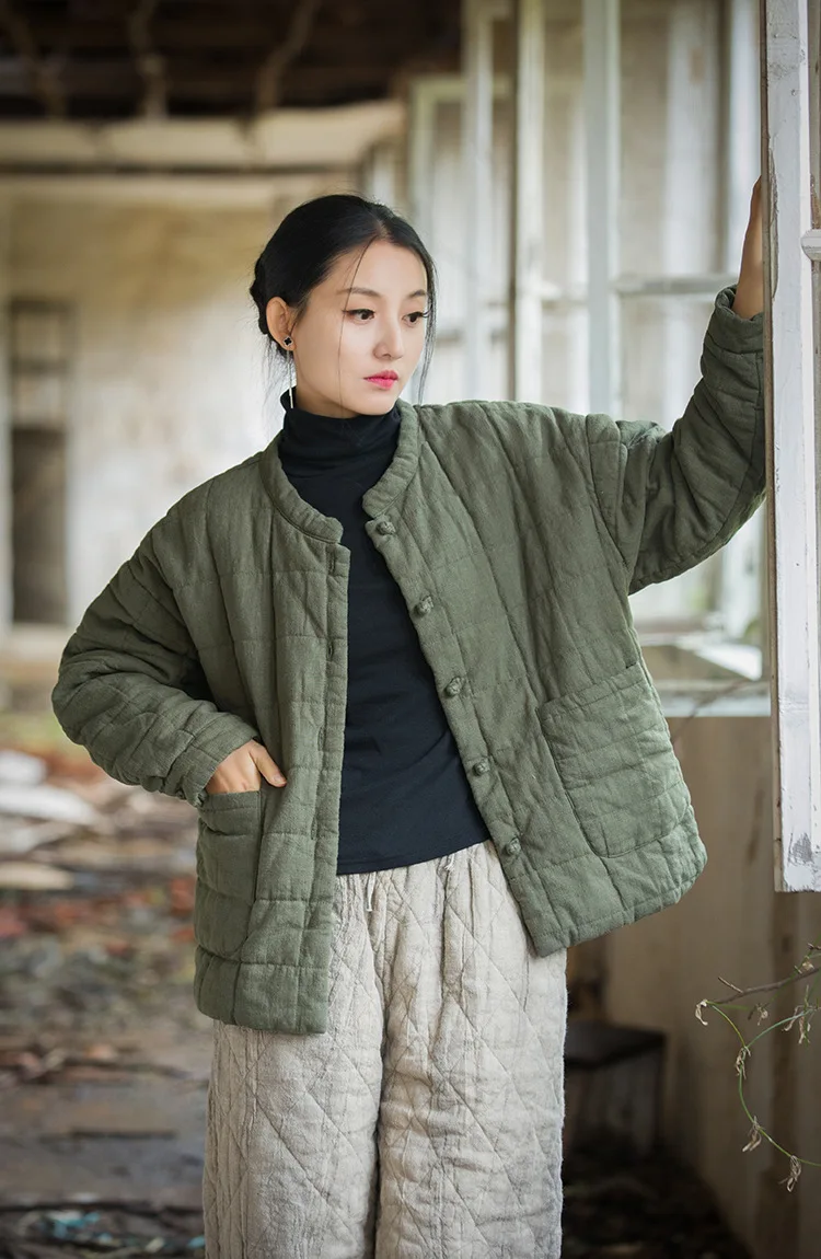 Johnature Women 2025 Winter New Ramie Cotton Parkas Stand Long Sleeve Plus Cotton Coats Warm Pockets Button Women Parkas