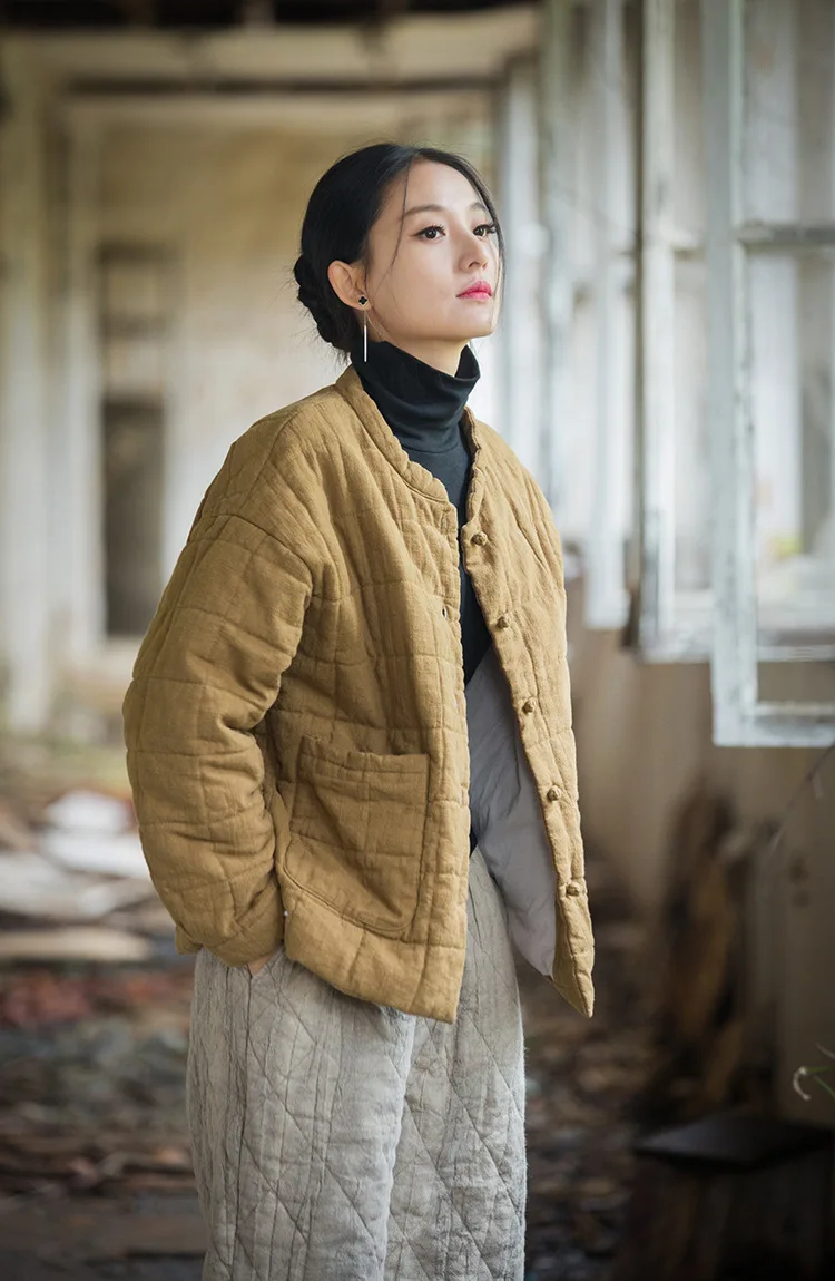 Johnature Women 2025 Winter New Ramie Cotton Parkas Stand Long Sleeve Plus Cotton Coats Warm Pockets Button Women Parkas