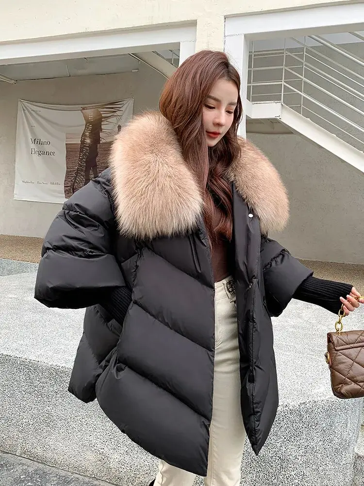 New Female Loose Outerwear Fashion Down Jacket Overcoat Women Winter Coat 90% White Duck Down Jacket With Big Woolen Collar Coat