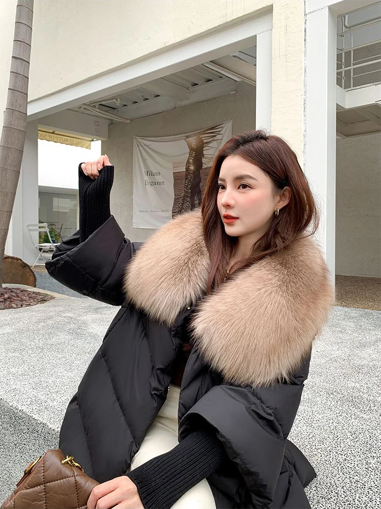 New Female Loose Outerwear Fashion Down Jacket Overcoat Women Winter Coat 90% White Duck Down Jacket With Big Woolen Collar Coat