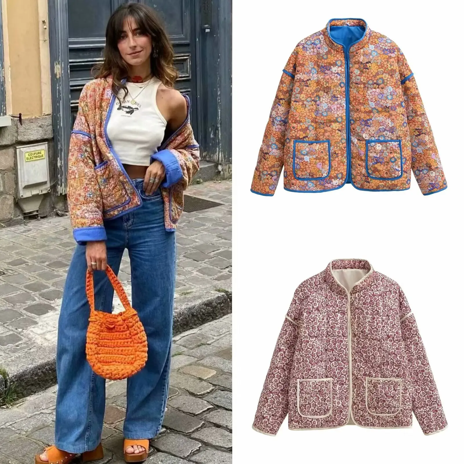 New 2026 Autumn Women's Fashion Reversible Quilted Jacket Vintage Floral Print Long Sleeve Cardigan Coat Chic Woman Streetwear
