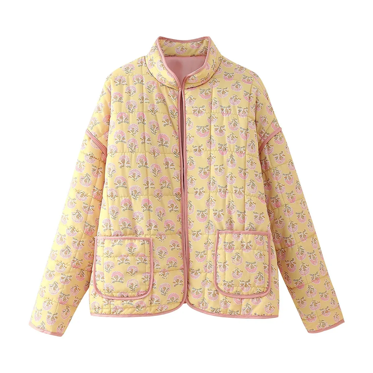 New 2026 Autumn Women's Fashion Reversible Quilted Jacket Vintage Floral Print Long Sleeve Cardigan Coat Chic Woman Streetwear