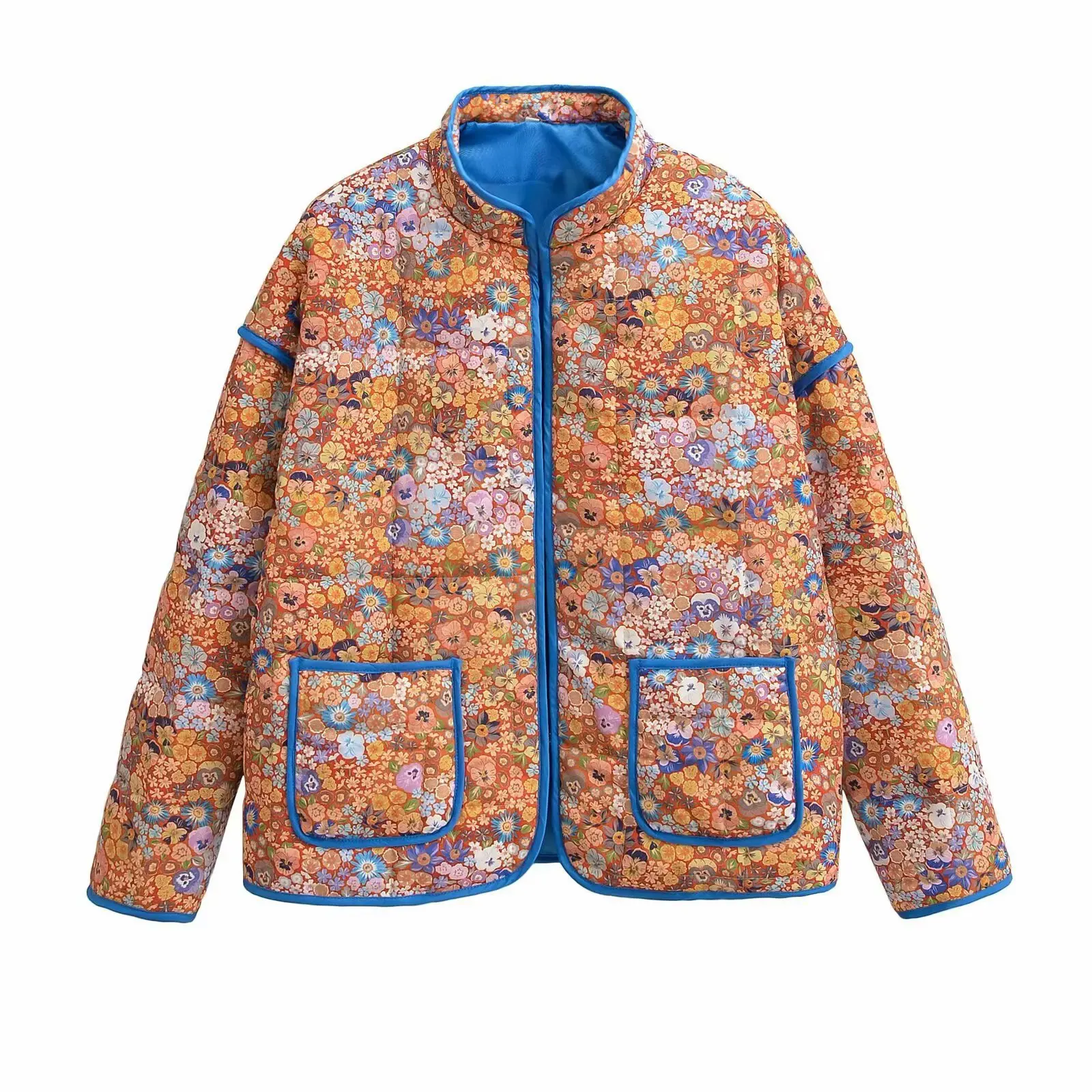 New 2026 Autumn Women's Fashion Reversible Quilted Jacket Vintage Floral Print Long Sleeve Cardigan Coat Chic Woman Streetwear