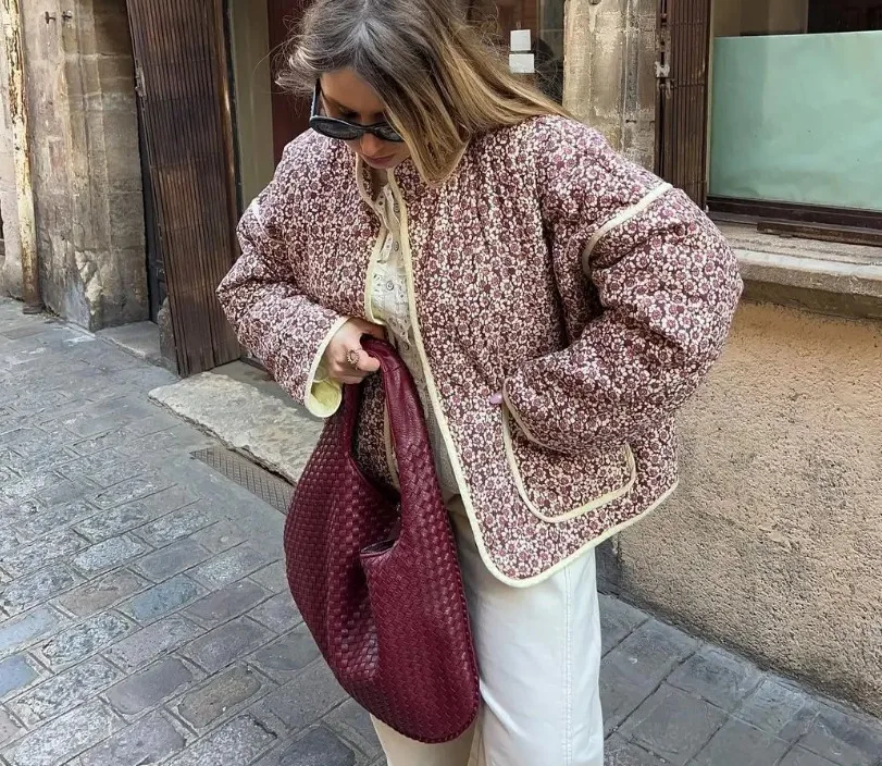New 2026 Autumn Women's Fashion Reversible Quilted Jacket Vintage Floral Print Long Sleeve Cardigan Coat Chic Woman Streetwear