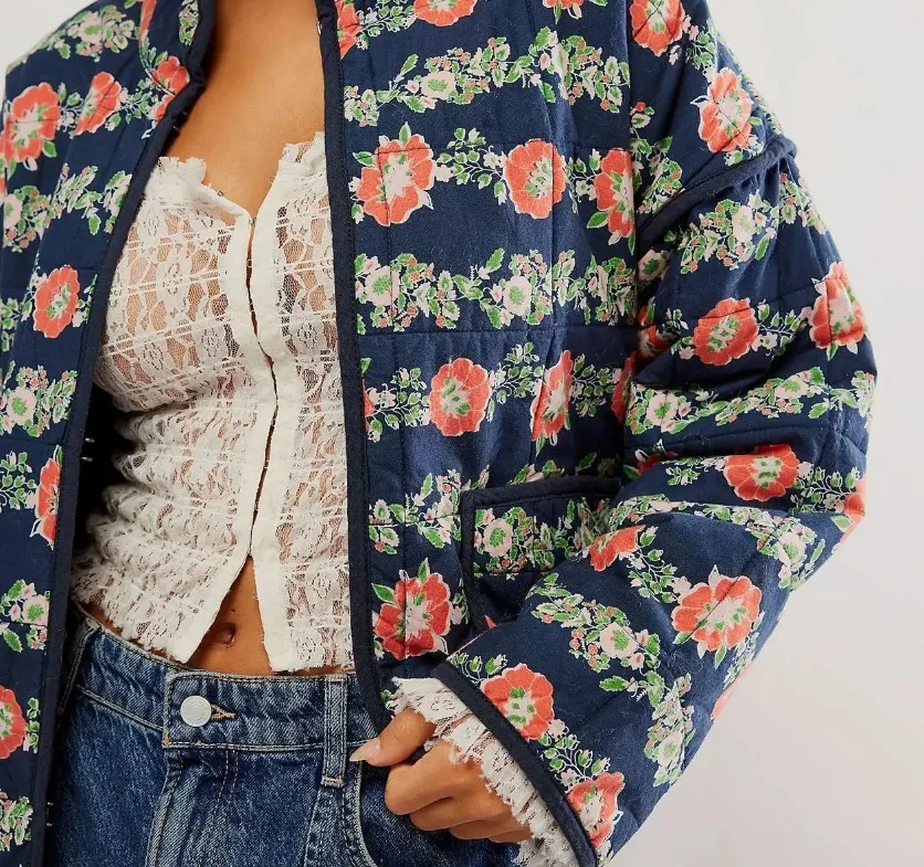 New 2026 Autumn Women's Fashion Reversible Quilted Jacket Vintage Floral Print Long Sleeve Cardigan Coat Chic Woman Streetwear