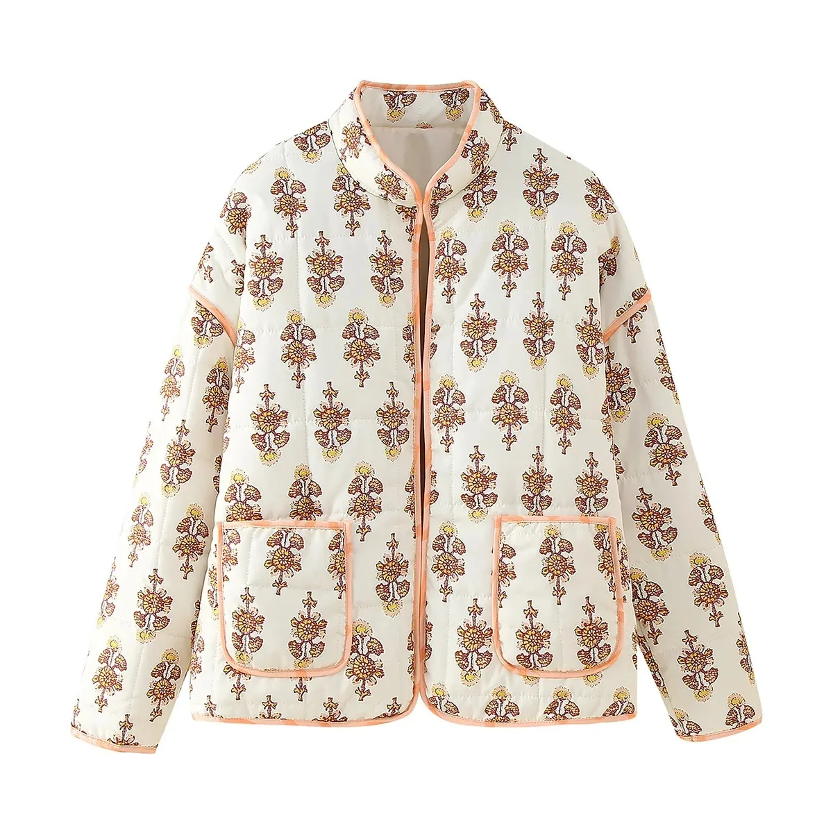 New 2026 Autumn Women's Fashion Reversible Quilted Jacket Vintage Floral Print Long Sleeve Cardigan Coat Chic Woman Streetwear